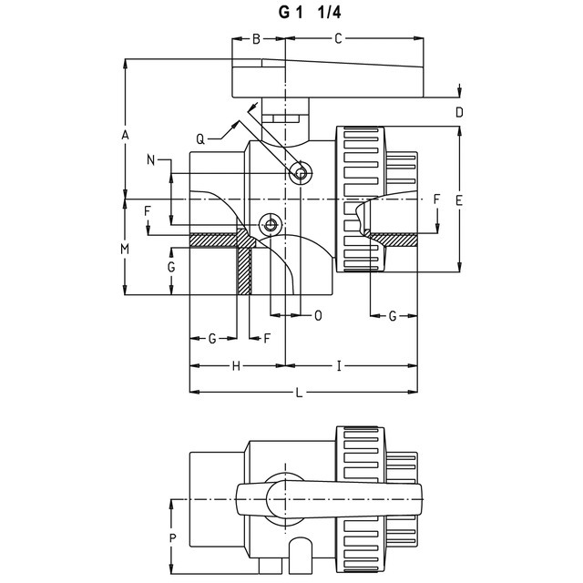 Vanne à Bille 3V PP G1"1/4FF-LL(PC) référence fournisseur 30562020